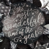 Winter Wreath - It's the Most Wonderful Time of the Year Christmas Mesh Outdoor Front Door Wreath; White Black Grey Silver - Pink Door Wreaths