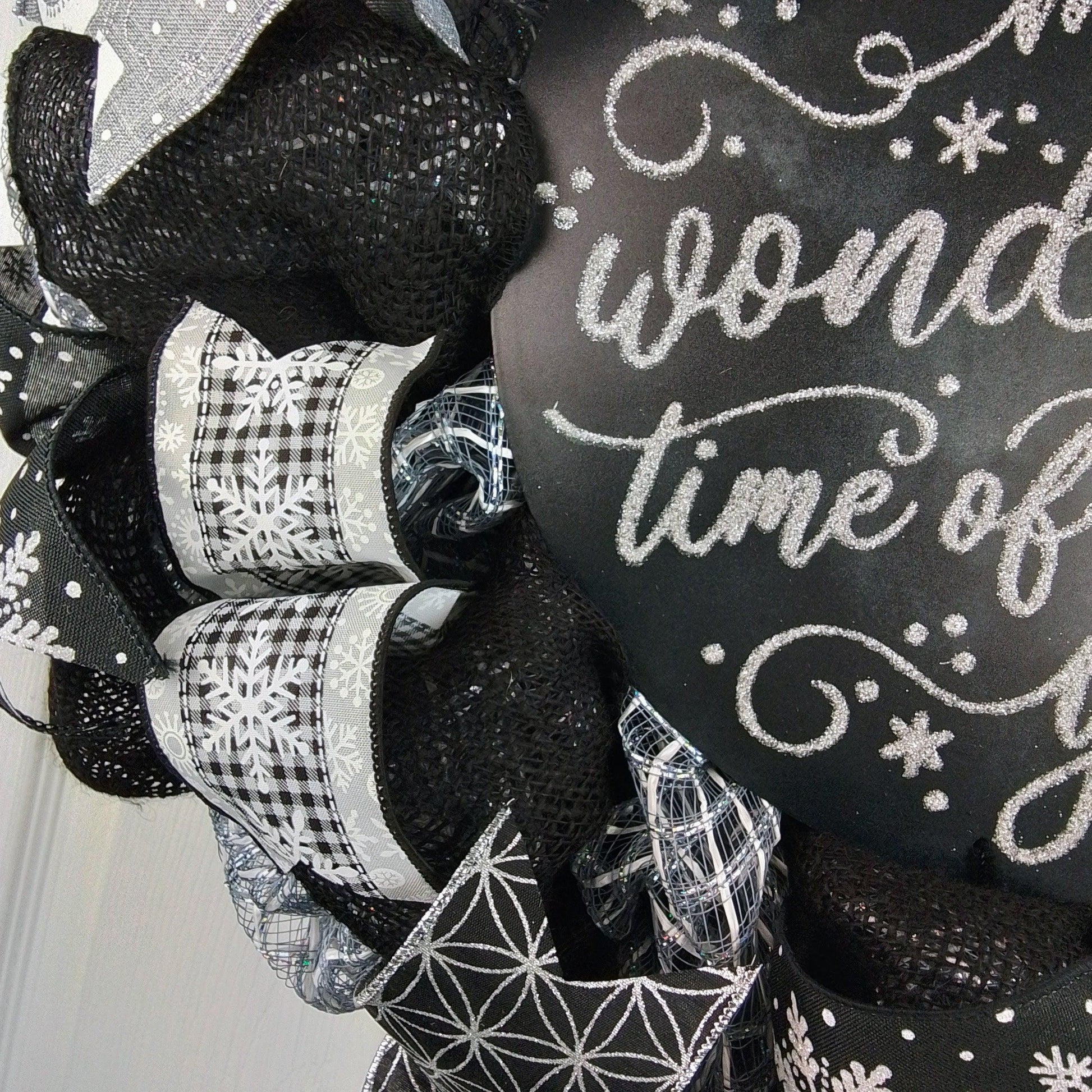 Winter Wreath - It's the Most Wonderful Time of the Year Christmas Mesh Outdoor Front Door Wreath; White Black Grey Silver - Pink Door Wreaths
