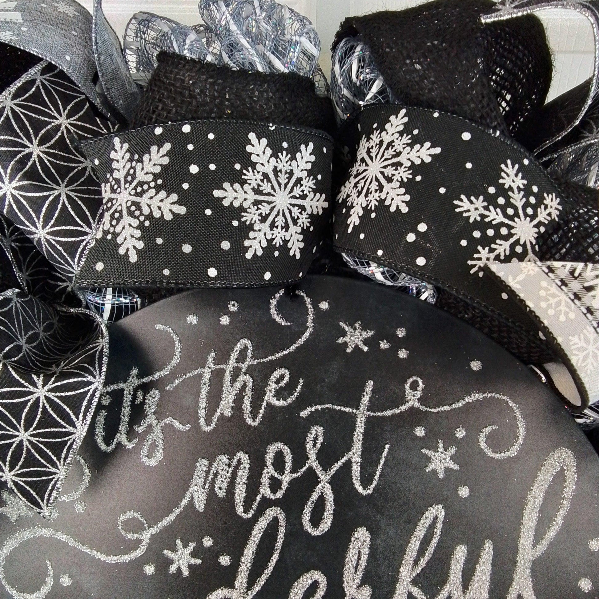 Winter Wreath - It's the Most Wonderful Time of the Year Christmas Mesh Outdoor Front Door Wreath; White Black Grey Silver - Pink Door Wreaths