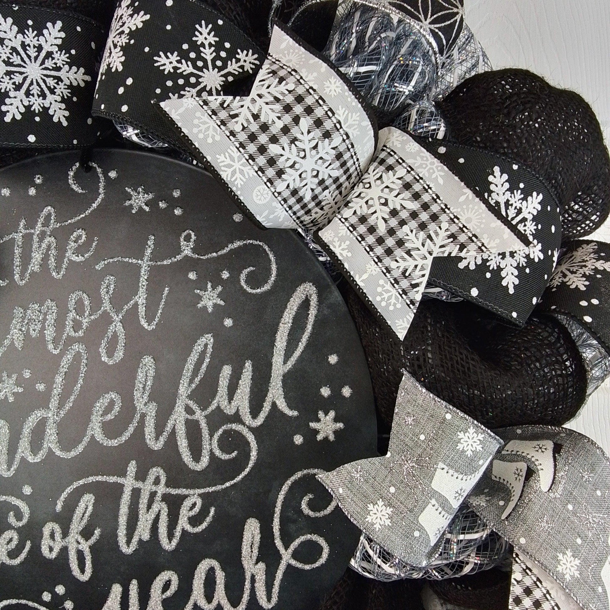 Winter Wreath - It's the Most Wonderful Time of the Year Christmas Mesh Outdoor Front Door Wreath; White Black Grey Silver - Pink Door Wreaths