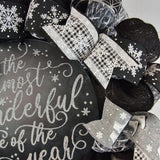 Winter Wreath - It's the Most Wonderful Time of the Year Christmas Mesh Outdoor Front Door Wreath; White Black Grey Silver - Pink Door Wreaths