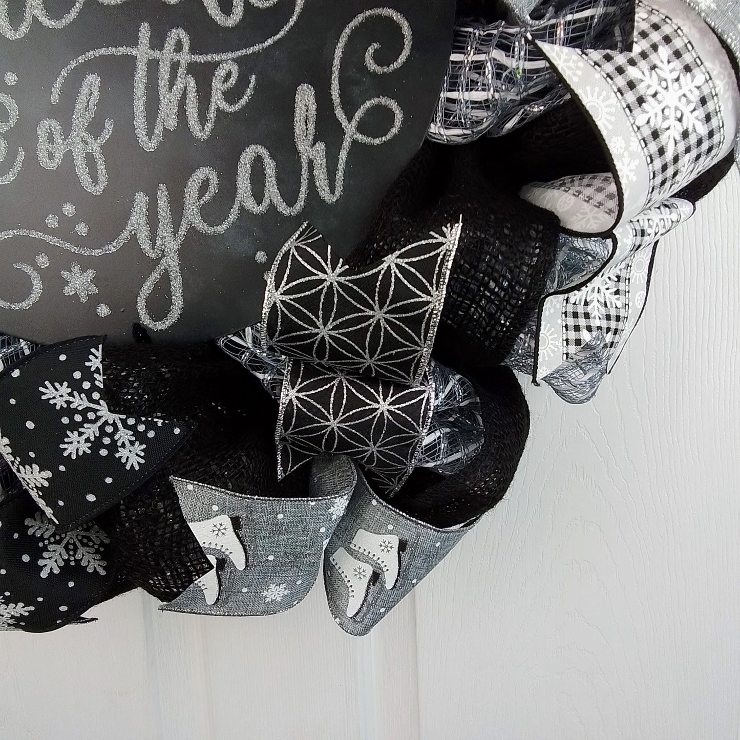 Winter Wreath - It's the Most Wonderful Time of the Year Christmas Mesh Outdoor Front Door Wreath; White Black Grey Silver - Pink Door Wreaths