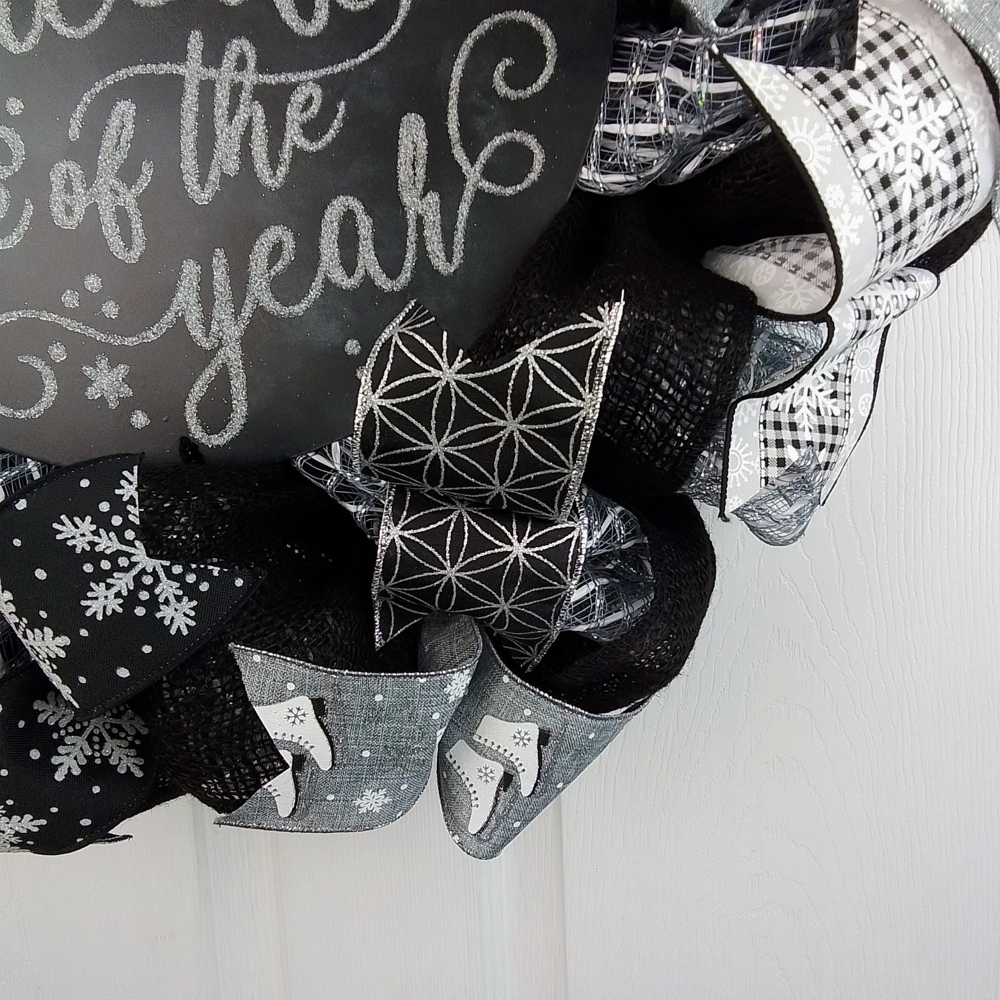 Winter Wreath - It's the Most Wonderful Time of the Year Christmas Mesh Outdoor Front Door Wreath; White Black Grey Silver - Pink Door Wreaths