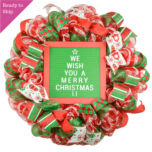 Wish You a Merry Christmas Front Door Wreath - Bright Holiday Decoration - Red Green White Sparkle - Pink Door Wreaths