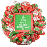Wish You a Merry Christmas Front Door Wreath - Bright Holiday Decoration - Red Green White Sparkle - Pink Door Wreaths