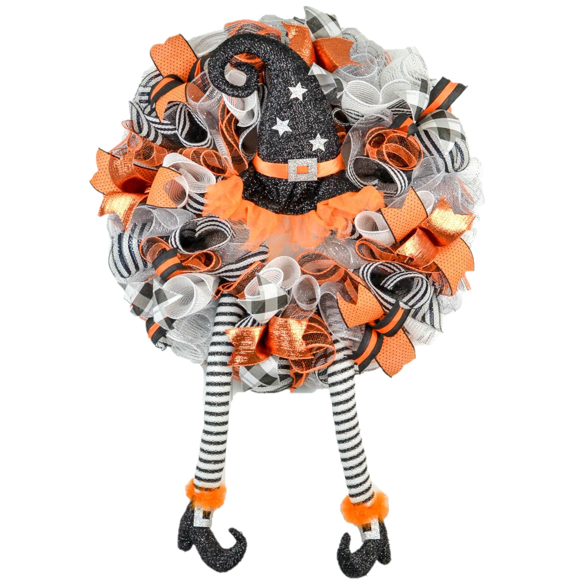 Witch Hat and Legs Halloween Wreath - Whimsical Fun Front Door Decor - Orange Black White - Pink Door Wreaths