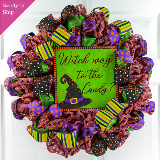 Witch Way to the Candy Witch Hat Halloween Wreath - Trick or Treating Front Door Mesh Wreath - Pink Door Wreaths
