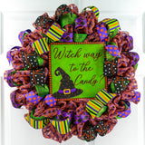 Witch Way to the Candy Witch Hat Halloween Wreath - Trick or Treating Front Door Mesh Wreath - Pink Door Wreaths