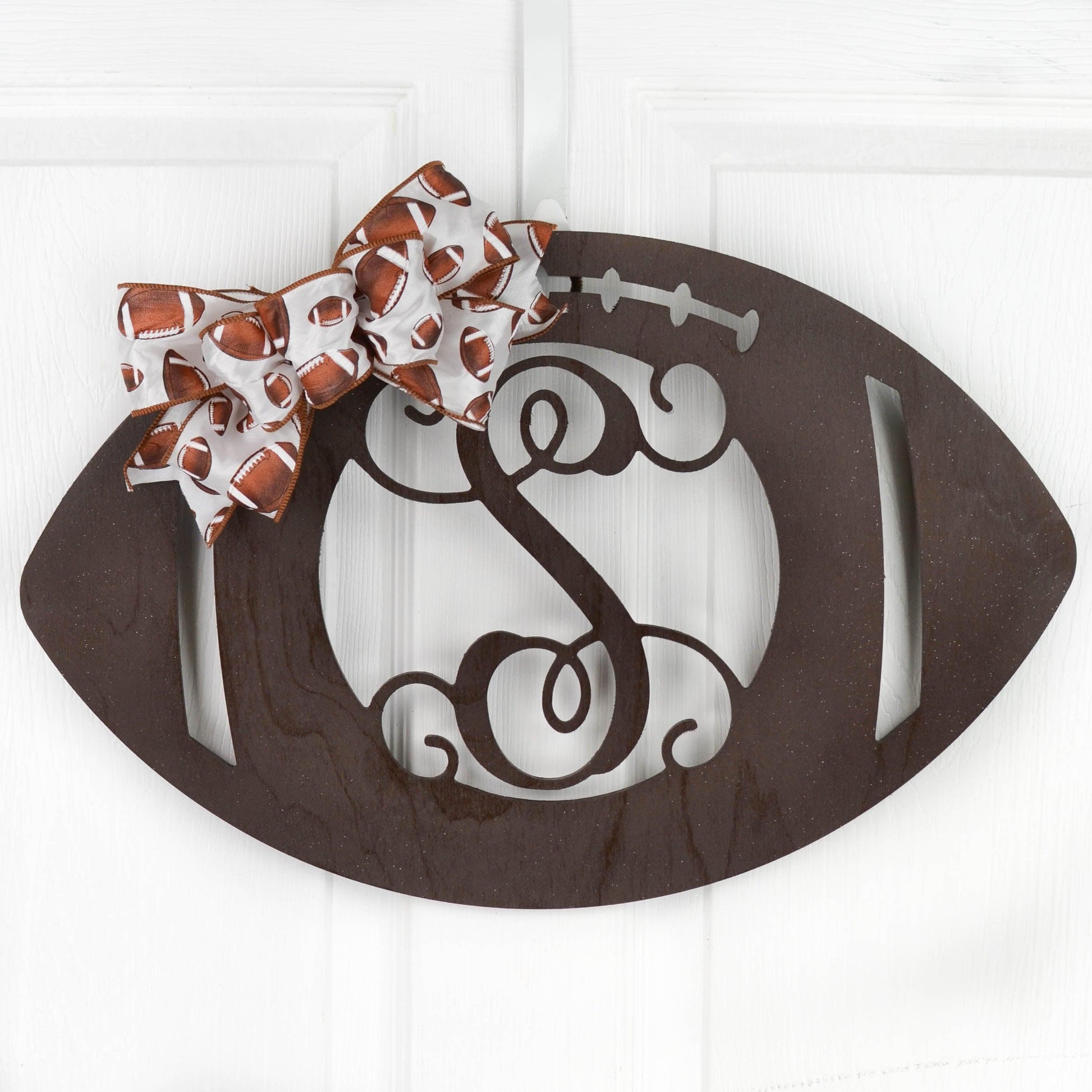 Wooden Sports Football Monogram Initial Letter Outdoor Front Door Hanger with Bow - Pink Door Wreaths