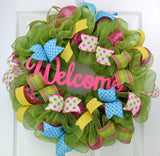 Summer Spring Welcome Door Wreath; Pink, Yellow, Moss Green, White, Turquoise
