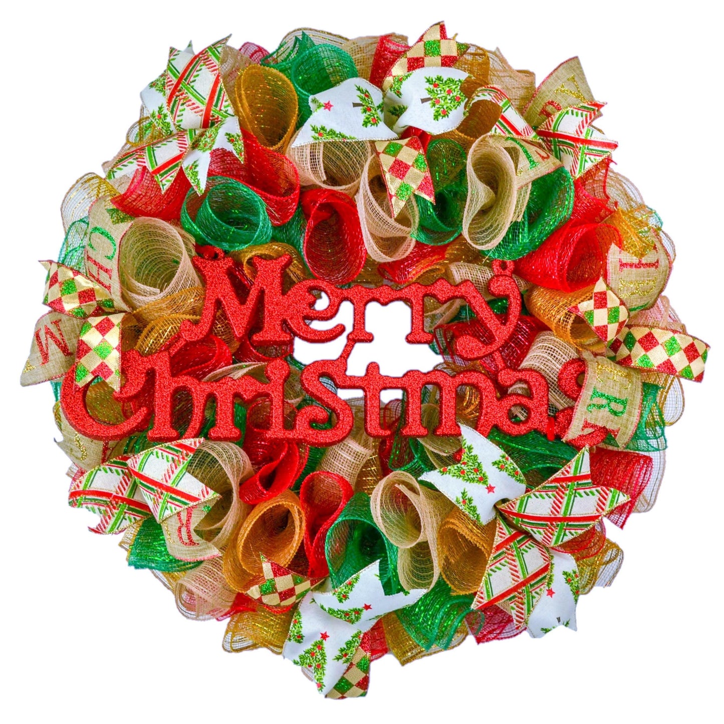 Wreaths for Christmas | Vintage Merry Christmas Red Burlap Emerald Green Front Door Wreath - Pink Door Wreaths