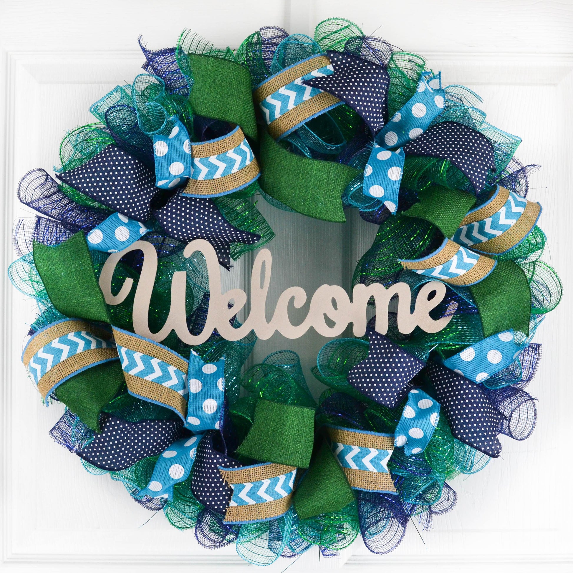 Year Round Door Wreaths | Spring Mesh Welcome Door Wreath | Navy Turquoise - Pink Door Wreaths