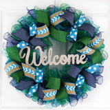 Year Round Door Wreaths | Spring Mesh Welcome Door Wreath | Navy Turquoise - Pink Door Wreaths