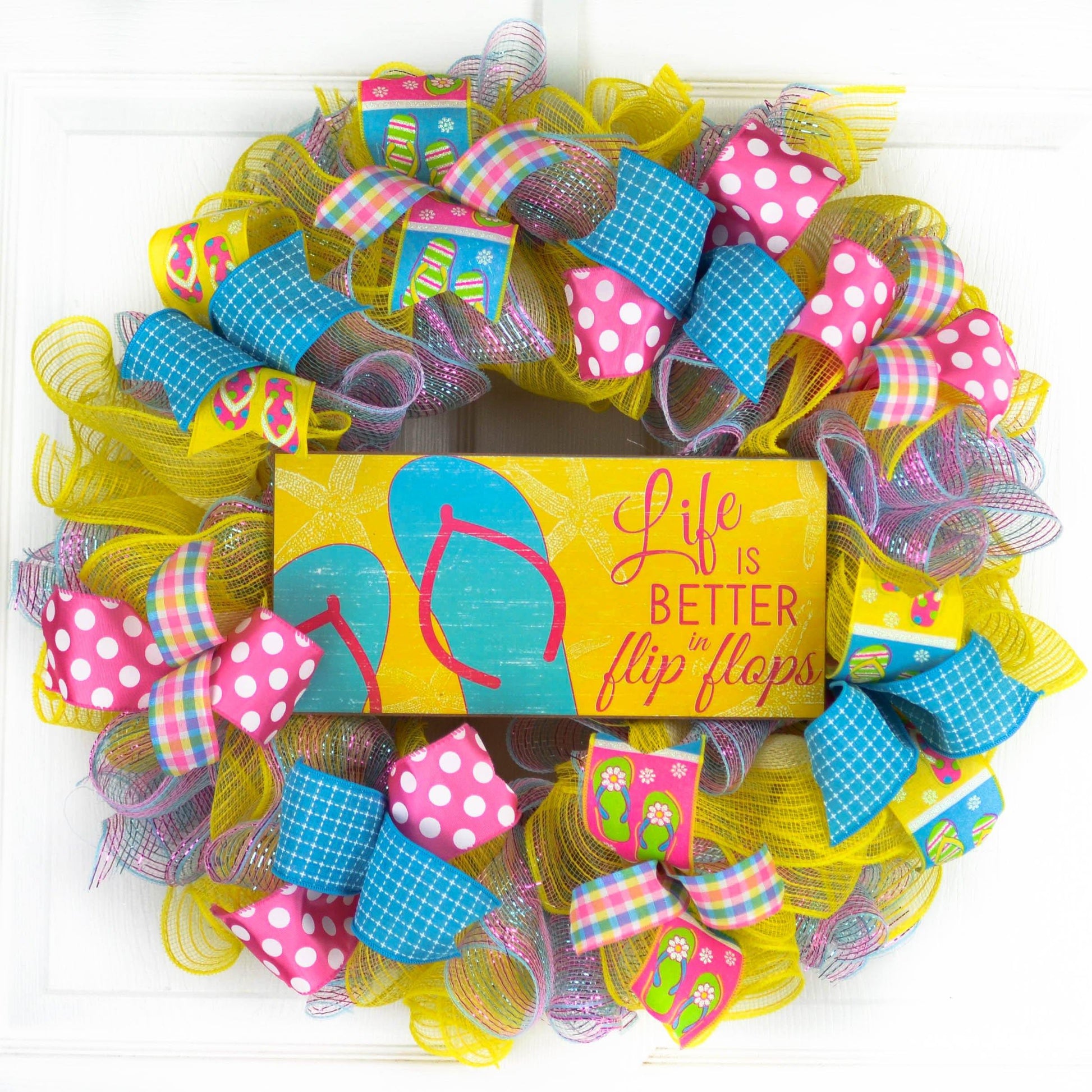 Yellow Flip Flop Wreath - Spring Summer Welcome Deco Mesh Wreath - Pink Turquoise - Pink Door Wreaths